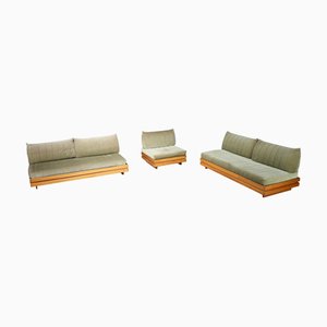 Vintage Lounge Chair and Two-Seater Sofas in Elm and Olive Green Upholstery from Maison Regain, 1970s, Set of 3