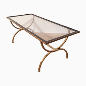 Brass Coffee Table with Transparent Glass Top with Black Lacquered Edge from Maison Jansen, 1940s