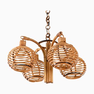 Mid-Century French Riviera 4-Sphere Chandelier in Bambo and Rattan, Italy, 1960s