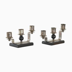 Art Deco Candleholders in Bakelite and Silver Plate, 1940s, Set of 2