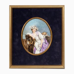 Antike Polychrome Porzellantafel mit Darstellung einer Frau mit Pferd, Frankreich, 19. Jh.