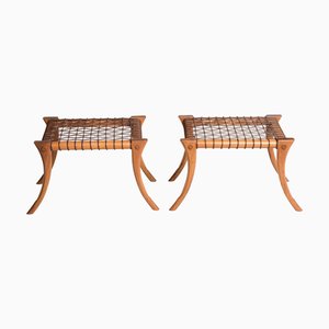 Sabre Hocker aus Holz & Braunem Geflochtenem Leder von Pescetta, 2er Set