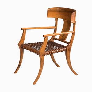 Fauteuil Marron en Cuir Tissé et Bois de Pescetta