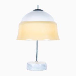 Lámpara de mesa hongo de vidrio opalino y base de mármol, años 60