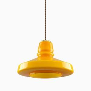Mid-Century Italian Yellow Glass and Brass Pendant Lamp