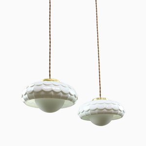Mid-Century Italian Ceramic & Brass Pendant Lamps, Set of 2