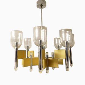 Lampadario a 8 braccia in ottone e vetro di Gaetano Sciolari, Italia, anni '70