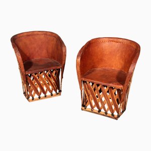 Set of Folk Art Equipale Ostrich Chairs in Leather, Mexico, 1970s