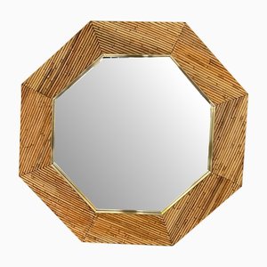 Italian Rattan and Brass Wall Mirror from Vivai Del Sud, 1970s