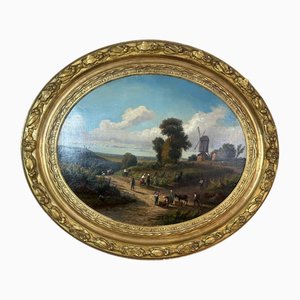 Hubert, Harvest Scene with Mill, 1870, Oil on Canvas, Framed