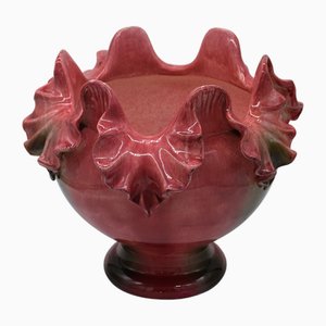 Rosa Majolika Keramik Blumentopf auf Säule Signiert von Jerôme Massier für Vallauris, Frankreich, 1930er