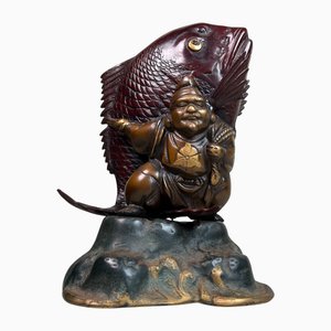 Taishō Cast Iron Statue of Ebisu with Sea Bream, Japan, 1920s