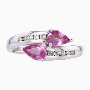 French Modern 18 Karat White Gold Ring with Pink Sapphire and Diamonds
