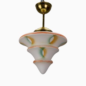 Art Deco White Glass and Brass Pendant Light, Germany, 1930s