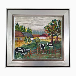 Grazing Cows Landscape, 1950s, Oil Painting, Framed