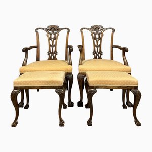 English Mahogany Armchairs and Ottomans, 1850s, Set of 4