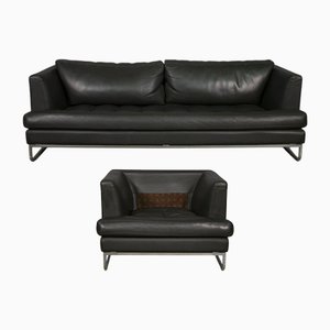 Divano e poltrona in pelle antracite di Valdichienti, anni '70, set di 2