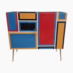 Aparador de dos puertas de vidrio multicolor, años 80