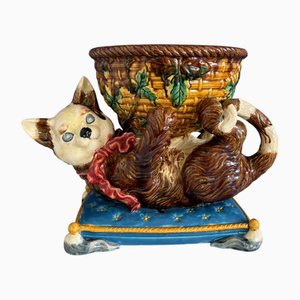 Gato de mayólica con cojín con frutero atribuido a Jerome Massier para Vallauris, años 50