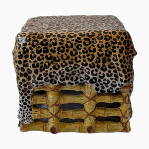 Table d'Appoint ou Tabouret Vintage en Bambou et Cuir de Léopard en Terre Cuite Vernie, 1960s