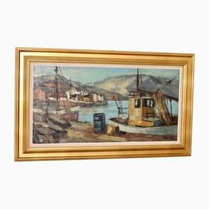 Finn Andersen, Hafenszene mit Fischerboot, 1960er, Öl auf Leinwand, Gerahmt