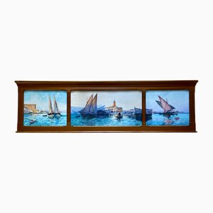 Alphonse Rey, View of the Admiralty of the Port of Algiers, Large Watercolor Triptych, Framed