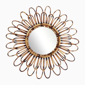 Bambus Rattan Sunburst Flower Spiegel mit Brandmalerei Akzenten, Spanien, 1960er