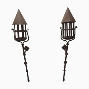 Medieval French Wrought Iron Wall Lanterns, 1970s, Set of 2