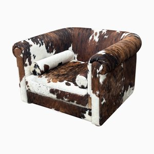 Italian Brown & White Cow Fur Leather Armchair, 1980s