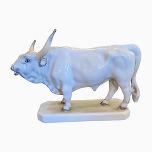 Hand-Painted Porcelain Long Horn Bull Figurine from Herend, 1970s