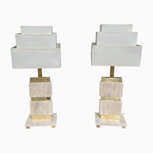 Lampade Mid-Century moderne in travertino e ottone, set di 2