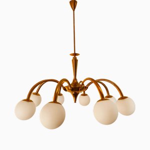 8-Light Brass Chandelier with Glass Spheres