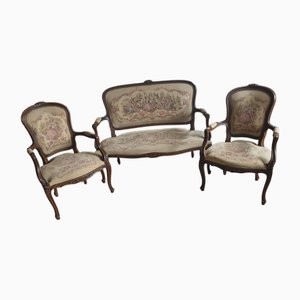 Sofa and Two Armchairs with Walnut Frame Embroidered Upholstery, Set of 3