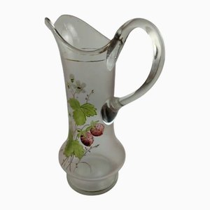 Art Nouveau Jug with Hand-Painted Strawberries in Clear, Blown Glass and Matte Finish