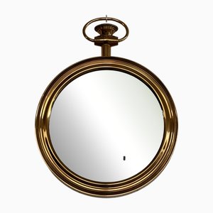 Espejo de reloj de bolsillo italiano vintage grande de latón y vidrio tallado, años 60