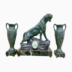 Napoleon III Pendulum Clock Set Panther with Marble Vase from T. Cartier, 1890s