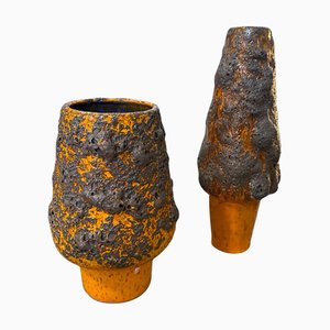 German Modern Orange and Black Fat Lava Ceramic Vases, 1980s, Set of 2