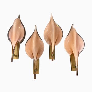 Mid-Century Modern Pink Murano Glass Leaf Wall Sconces by Franco Luce, 1970s, Set of 2