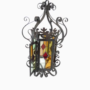 Vintage Wrought Iron Lantern with Colored Glass