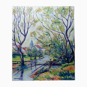 Jacques Gaulot, Paisaje con río y pueblo, óleo sobre lienzo, años 90