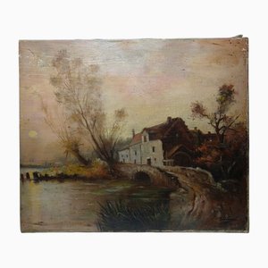 Gran granja con estanque, siglo XIX, óleo sobre lienzo, enmarcado