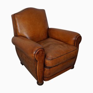 Vintage French Moustache Back Cognac-Colored Leather Club Chair