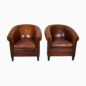 Set of Vintage Dutch Cognac Colored Leather Club Chairs