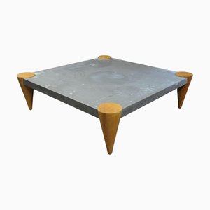 Mesa de centro cuadrada de zinc con patas de roble torneado atribuida a Conran, años 80