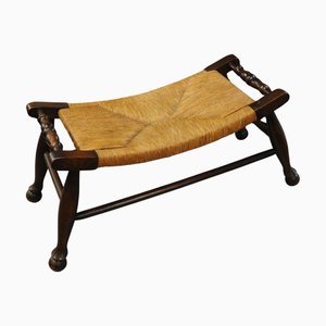 Taburete de banco Arts and Crafts de roble y junco, década de 1900