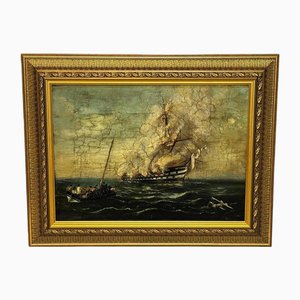 Follower of Richard Brydges Beechey, Burning Sinking HMS Bombay Ship, 19th Century, Oil Painting, Framed