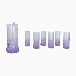 Long Drink Tumbler Glasses & Jug Set in Pale Lilac Bark Glass in the style of Whitefriars & Geoffrey Baxter, 1960s, Set of 7