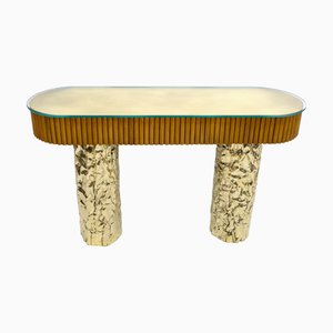 Mid-Century Wood and Brass Center Console, Italy, 1990s