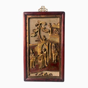 Qing Dynasty Chinese Wooden Panel with Raised Figures and Gold Leaf, 1890s