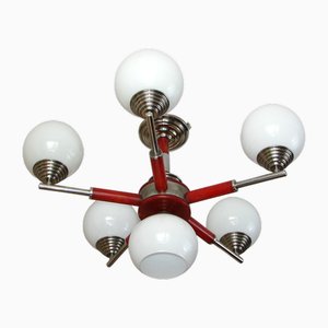Lampadario vintage in vetro, metallo e bachelite, anni '70